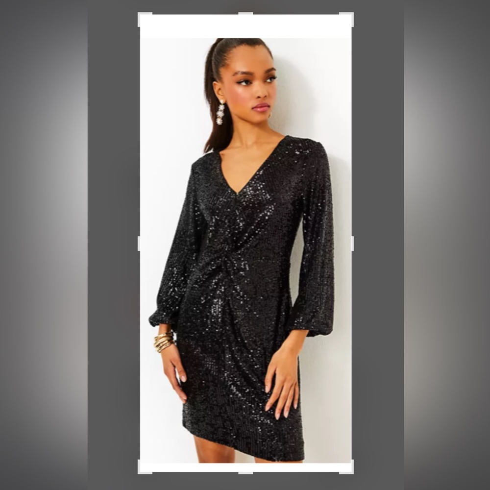 Lilly Pulitzer Black Sequin Sheath Dress V-Neck Long Bishop Sleeves